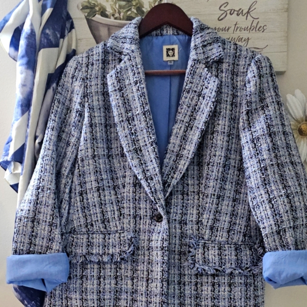Anne Klein Blue and White Tweed Blazer, Sexy, Classic M